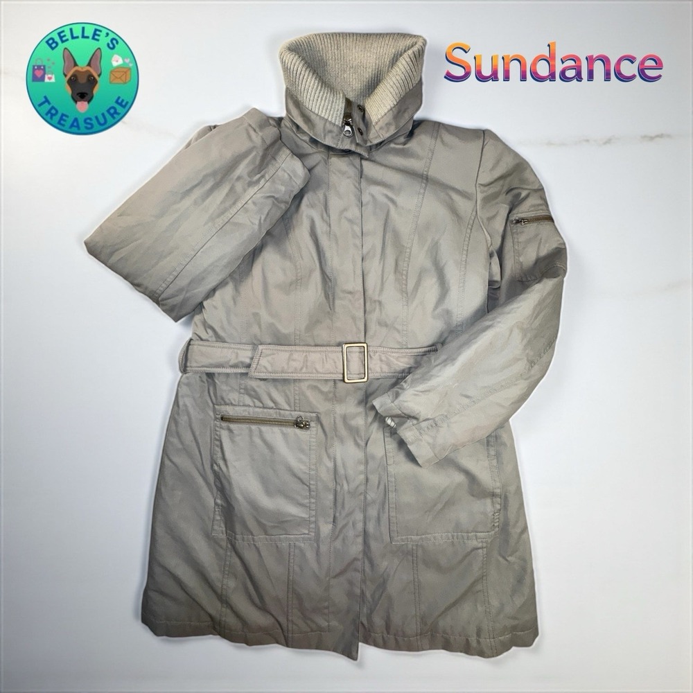 Sundance Jacket Womens Small Full Zip Gray Belted Quilted Lined Turtle Neck Coat
